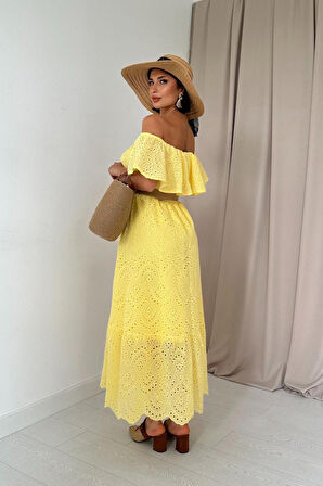 Yonca Moda Evi Sarı Omzu Lastikli Brode Elbise