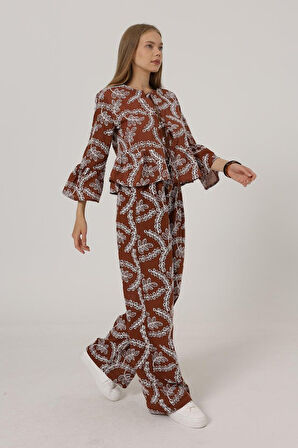 Yonca Moda Evi İşlemeli Oversize Pantolon - Kahve