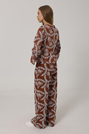 Yonca Moda Evi İşlemeli Oversize Pantolon - Kahve