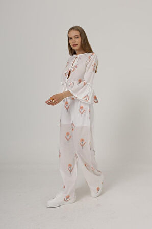 Yonca Moda Evi İşlemeli Oversize Pantolon - Beyaz