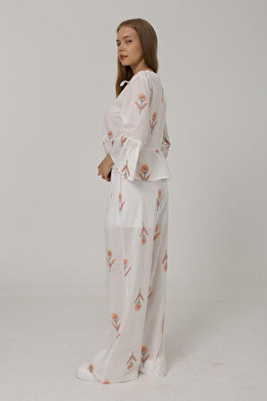 Yonca Moda Evi İşlemeli Oversize Pantolon - Beyaz