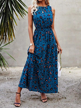 Yonca Moda Evi Kadın Kolsuz Bisiklet Yaka Beli Lastikli Desenli Süprem Elbise
