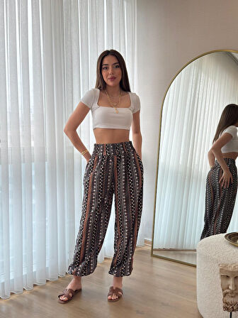 Yonca Moda Evi Kadın Yüksek Bel Etnik Desenli Geniş Dökümlü Bürümcük Pantolon