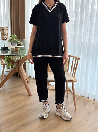 Yonca Moda Evi Kadın Kısa Kollu V Yakalı Iki Iplik Bluz Ve Pantolon Ikili Takım