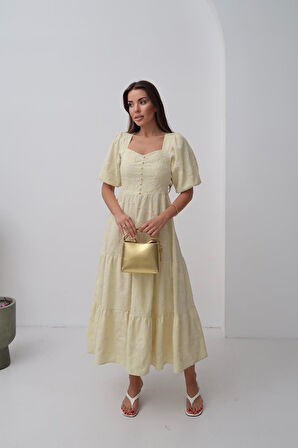Yonca Moda Evi Sarı Süs Düğmeli Balon Kollu Elbise