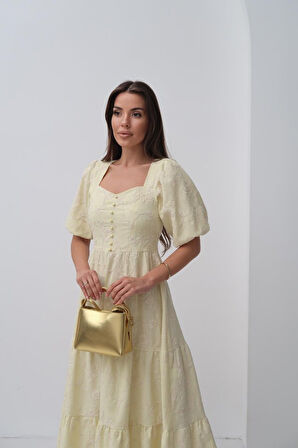 Yonca Moda Evi Sarı Süs Düğmeli Balon Kollu Elbise