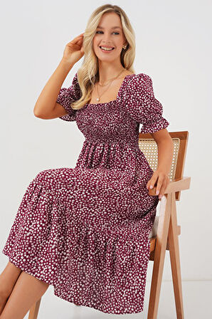 Yonca Moda Evi Kısa Kol Çiçekli Elbise 2556 - Bordo