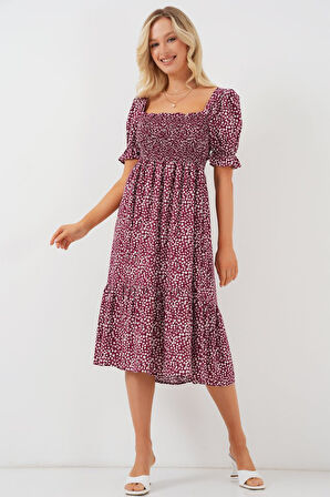 Yonca Moda Evi Kısa Kol Çiçekli Elbise 2556 - Bordo