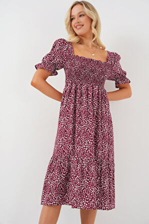 Yonca Moda Evi Kısa Kol Çiçekli Elbise 2556 - Bordo