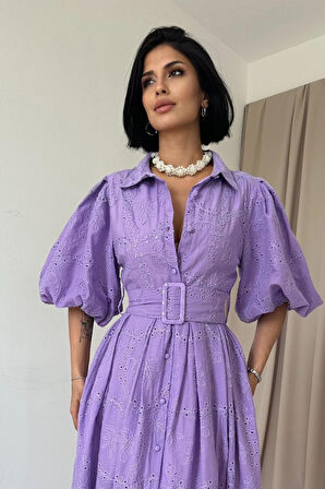 Yonca Moda Evi Lila Pileli Balkon Elbise
