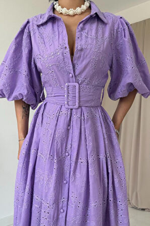 Yonca Moda Evi Lila Pileli Balkon Elbise