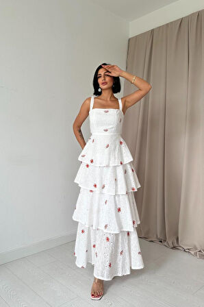 Yonca Moda Evi Kırmızı Kat Kat Arkası Bağlamalı Elbise