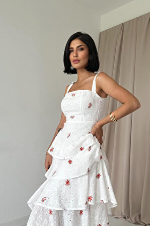 Yonca Moda Evi Kırmızı Kat Kat Arkası Bağlamalı Elbise