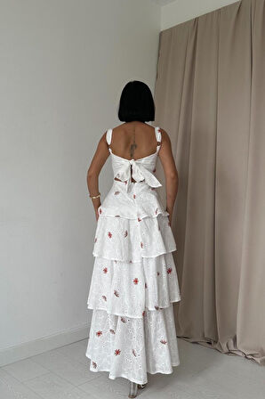 Yonca Moda Evi Kırmızı Kat Kat Arkası Bağlamalı Elbise