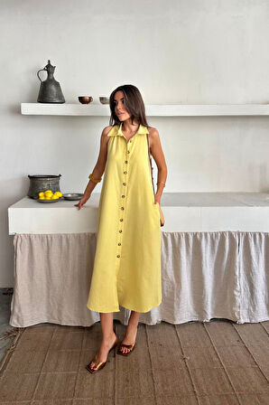 Yonca Moda Evi KETEN ÖNDEN DÜĞMELİ KOLSUZ GÖMLEK YAKA ELBİSE - Sarı