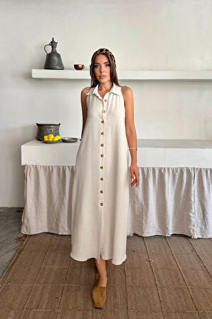 Yonca Moda Evi KETEN ÖNDEN DÜĞMELİ KOLSUZ GÖMLEK YAKA ELBİSE - Beyaz
