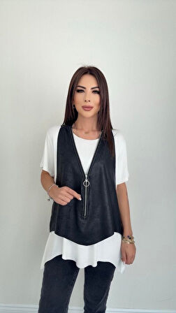 Yonca Moda Evi Kadın Kısa Kollu Yuvarlak Yaka Viskon Bluz + Kolsuz Fermuarlı çatlak Deri Yelek