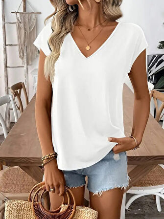 Yonca Moda Evi Kadın Kısa Kollu V Yakalı Arkadan Kurdele Detaylı Viskon Bluz