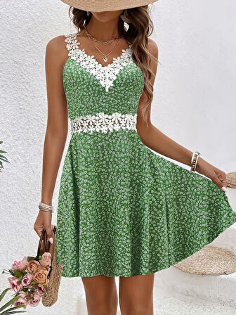 Yonca Moda Evi Kadın Askılı Dantel Yakalı çiçek Desenli Süprem Elbise