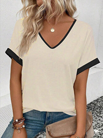 Yonca Moda Evi Kadın Kısa Kollu V Yakalı çift Renkli Viskon Bluz