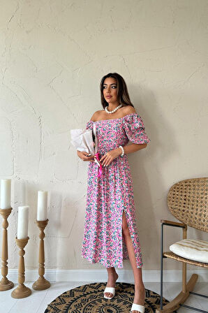 Yonca Moda Evi Fuşya Çiçek Desenli Elbise