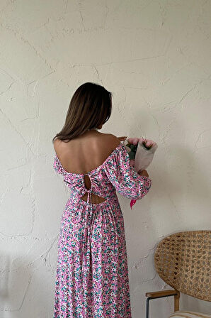 Yonca Moda Evi Fuşya Çiçek Desenli Elbise