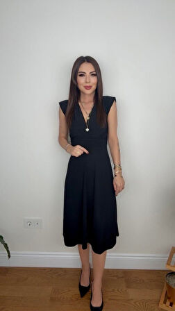 Yonca Moda Evi Kadın Kısa Kollu Kruvaze Yakalı Bel Korsajı Buzgulu Midi Janjan Krep Elbise