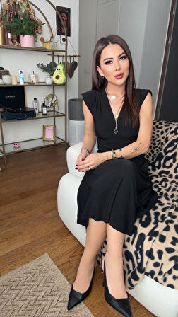 Yonca Moda Evi Kadın Kısa Kollu Kruvaze Yakalı Bel Korsajı Buzgulu Midi Janjan Krep Elbise