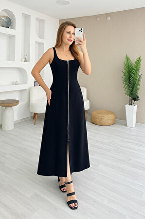 Yonca Moda Evi Kadın Askılı Kare Yaka önden Fermuarlı Geniş Kesim Janjan Krep Elbise