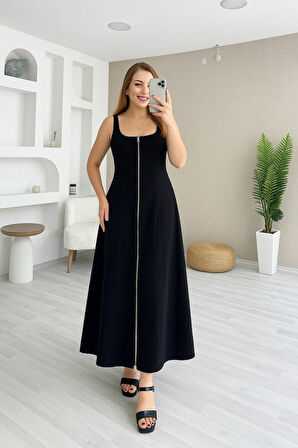 Yonca Moda Evi Kadın Askılı Kare Yaka önden Fermuarlı Geniş Kesim Janjan Krep Elbise