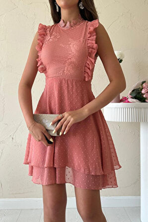 Yonca Moda Evi Pudra Çiçek Desenli Elbise