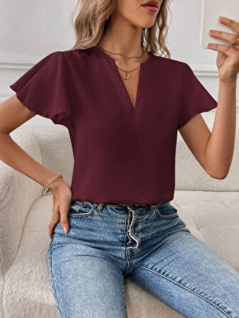 Yonca Moda Evi Kadın Kısa Kollu Kelebek Kollu V Yakalı Sandy Bluz