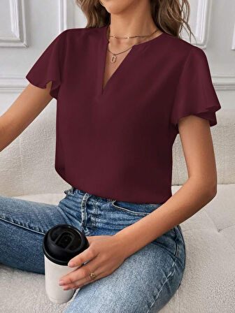 Yonca Moda Evi Kadın Kısa Kollu Kelebek Kollu V Yakalı Sandy Bluz