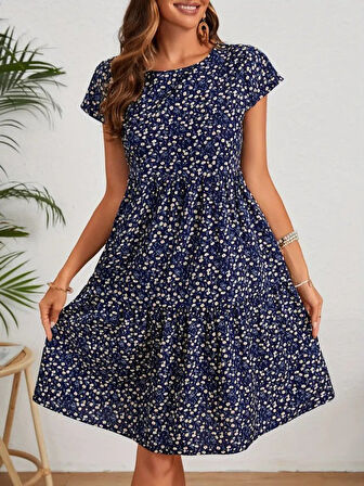 Yonca Moda Evi Kadın Kısa Kollu Bisiklet Yaka çiçek Desenli Süprem Elbise