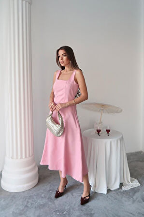 Yonca Moda Evi Pembe Çift Dikişli Gabardin Elbise