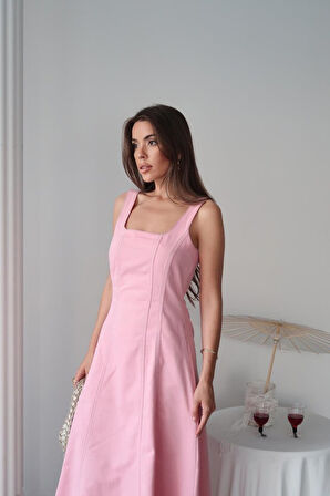 Yonca Moda Evi Pembe Çift Dikişli Gabardin Elbise
