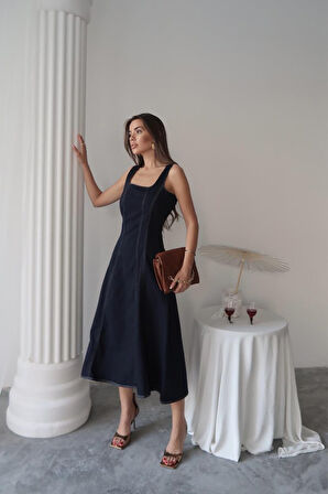 Yonca Moda Evi Lacivert Çift Dikişli Gabardin Elbise