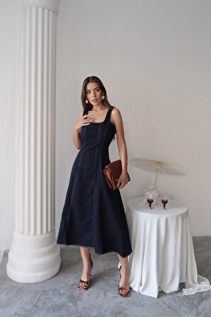 Yonca Moda Evi Lacivert Çift Dikişli Gabardin Elbise