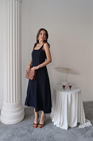 Yonca Moda Evi Lacivert Çift Dikişli Gabardin Elbise