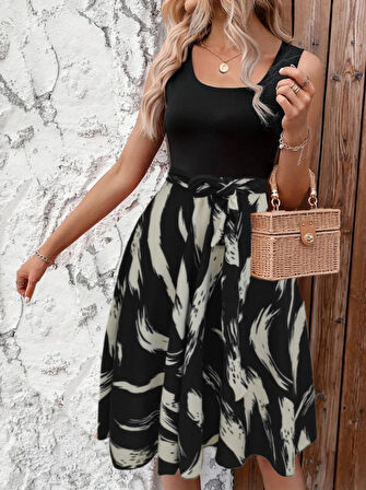 Yonca Moda Evi Kadın Askılı Yuvarlak Yakalı Belden Kuşaklı Zikzak Desenli Süprem Elbise