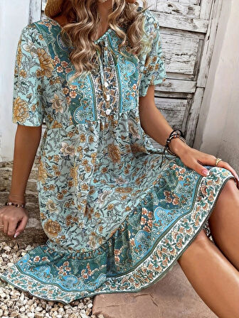 Yonca Moda Evi Kadın Kısa Kollu Yakası Bağcıklı önden Düğmeli Fırfır Desenli Süprem Elbise