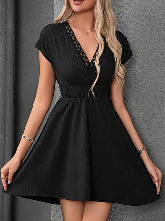 Yonca Moda Evi Kadın Kısa Kollu Kruvaze Yakalı Beli Lastikli Bürümcük Elbise