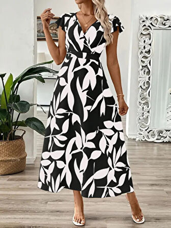 Yonca Moda Evi Kadın Kısa Kelebek Kollu Kruvaze Yaka Desenli Süprem Elbise