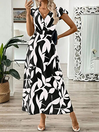 Yonca Moda Evi Kadın Kısa Kelebek Kollu Kruvaze Yaka Desenli Süprem Elbise