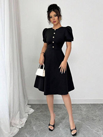 Yonca Moda Evi Kadın Kısa Kollu Bisiklet Yaka önden Düğmeli Ithal Krep Elbise