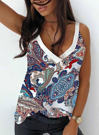 Yonca Moda Evi Kadın Omuz Askılı V Yaka Dijital Baskı Detay Mikro Kumaş Bluz