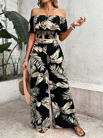 Yonca Moda Evi Kadın Kısa Kollu Madonna Fırfır Yaka Crop Süprem Bluz Ve Pantolon Ikili Takım