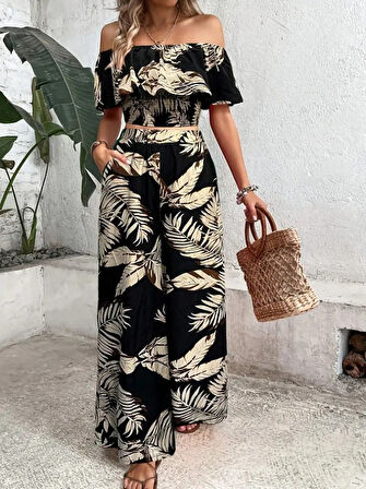 Yonca Moda Evi Kadın Kısa Kollu Madonna Fırfır Yaka Crop Süprem Bluz Ve Pantolon Ikili Takım