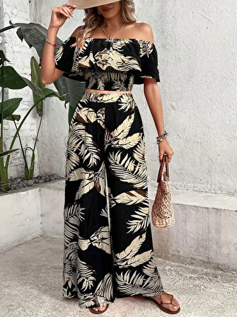 Yonca Moda Evi Kadın Kısa Kollu Madonna Fırfır Yaka Crop Süprem Bluz Ve Pantolon Ikili Takım