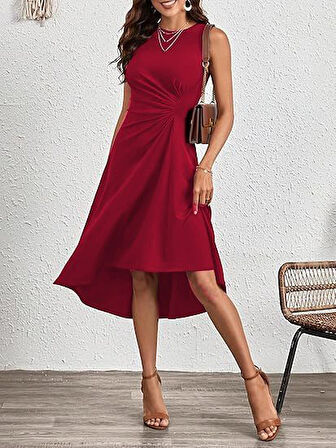 Yonca Moda Evi Kadın Sıfır Kollu Bisiklet Yaka Büzgülü Asimetrik Kesim Detaylı Janjan Krep Elbise